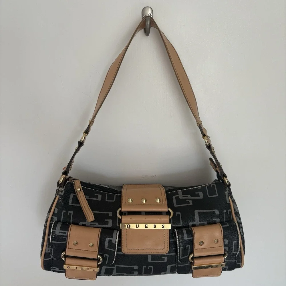 Guess Monogram Y2K 2000's Vintage Shoulder Handbag Purse Black Synthetic Leather